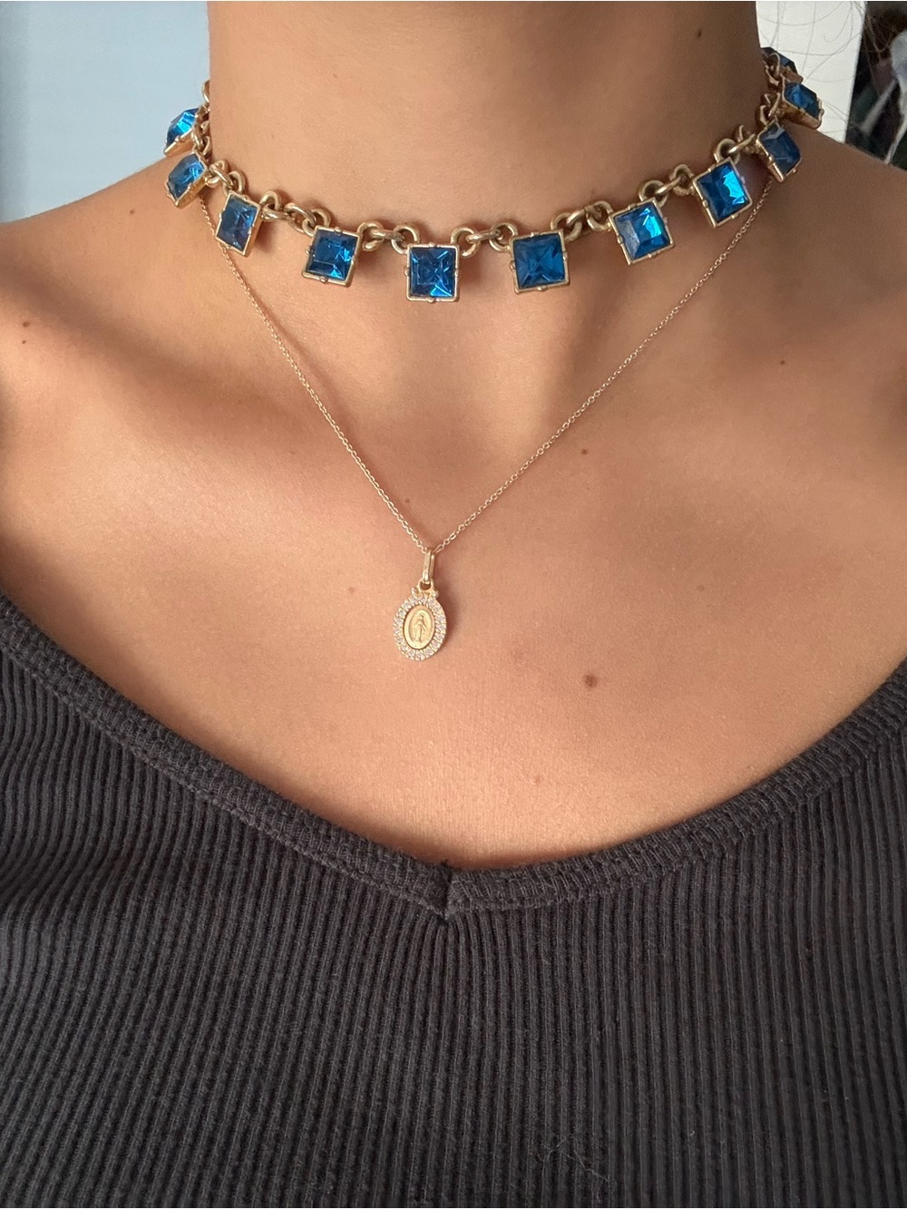 J. Crew Gold Choker with Bright Blue Square Crystals